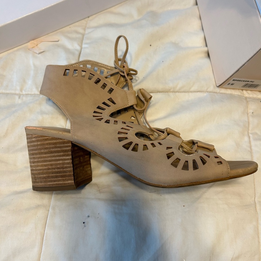 BP Tan Cutout Block Heel Sandals